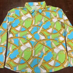 Icikuls Sun Shirt Women XL Blue Green Equestrian Chain Print Quarter Zip Polo